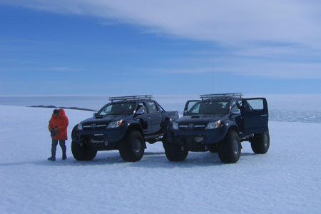 Each of the Hilux trucks was modified by Arctic Trucks to handle negative 30