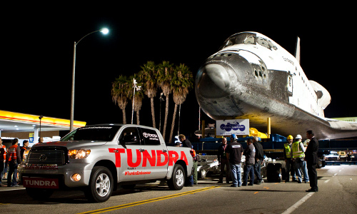 A bone-stock Toyota Tundra was used to tow the 150k pound space shuttle Endeavour across LA's highway 405 Tundra tow space shuttle